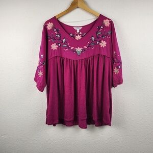 Flowy Pink Embroidered Boho Peasant Blouse Floral Details Plus Size XXXL (22)